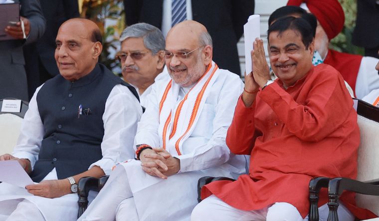 Nitin Gadkari with Rajnath Singh and Amit Shah